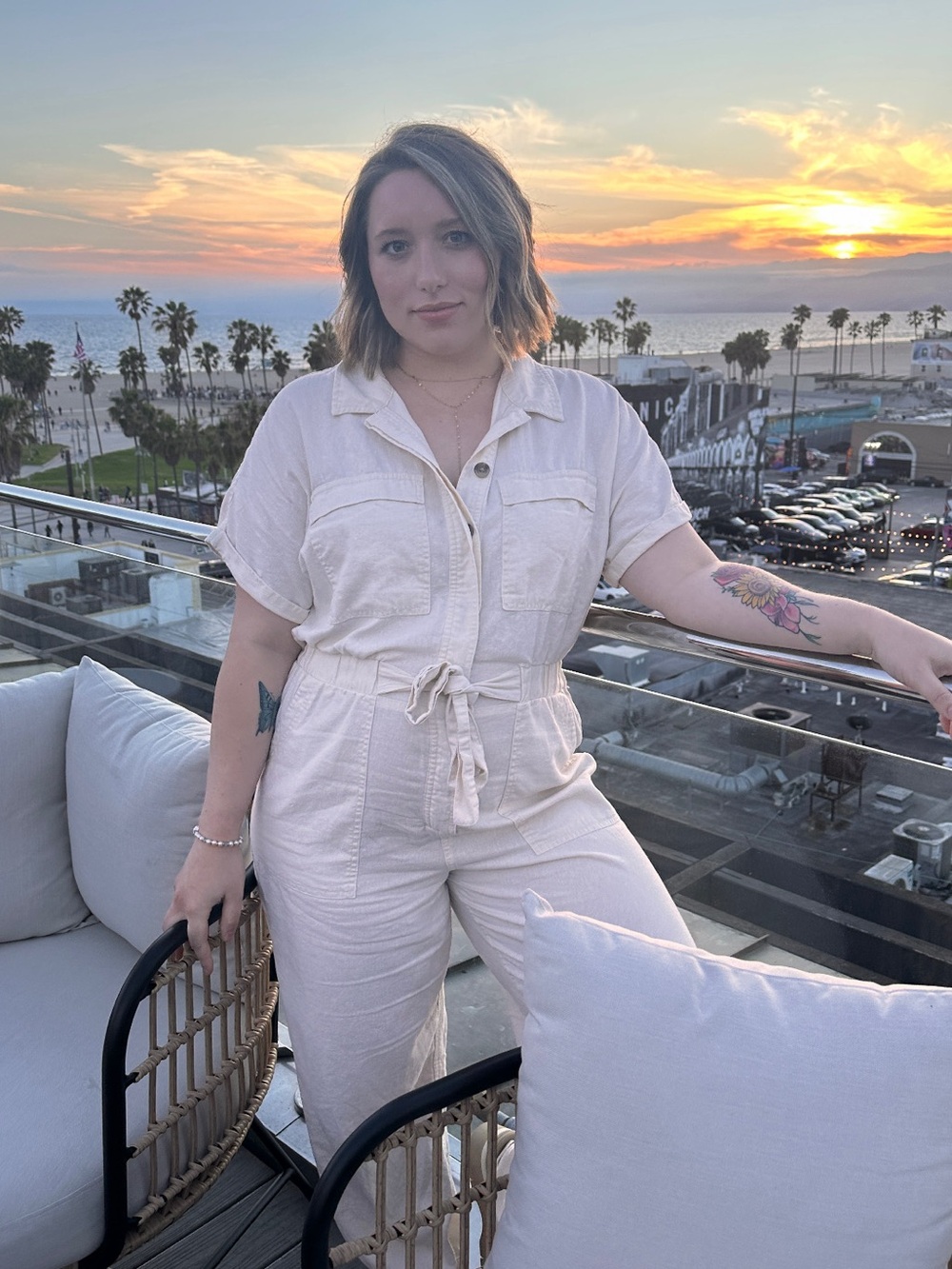 Cream Button-Front Utility Jumpsuit with Tie Waist